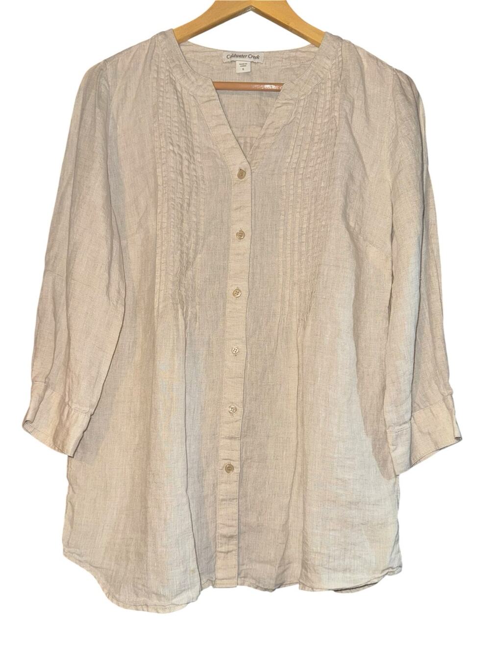 Coldwater Creek 100% Linen Tan Cream Button Up Top Small Pintuck Lightweight